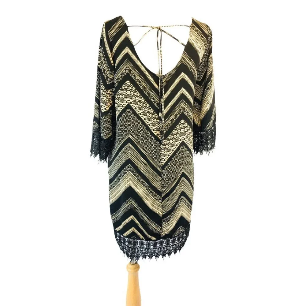 Tea N Rose Boho Open Back Dress Geometric Embroidered Sleeves and Seams Size S - Picture 4 of 10